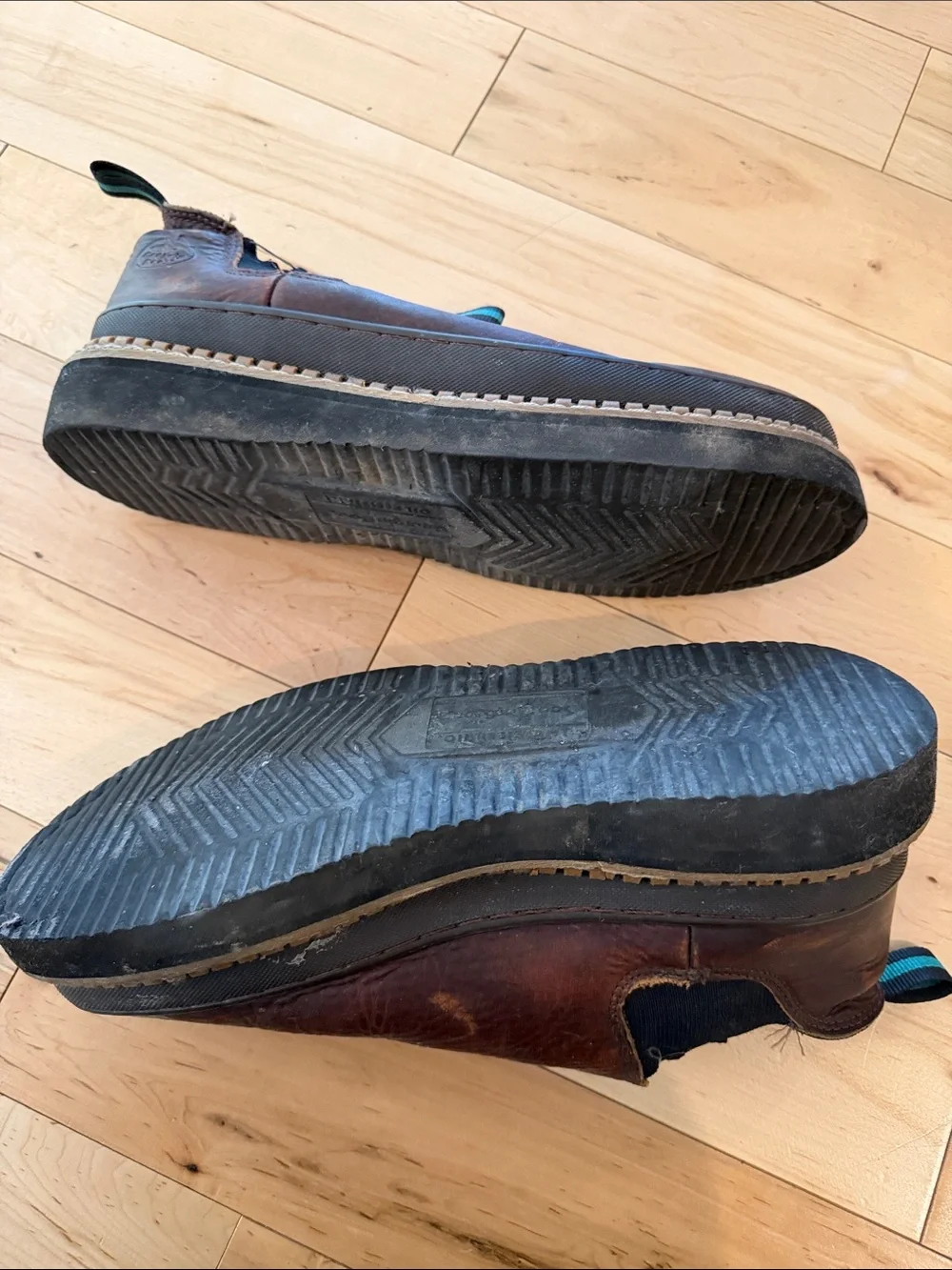 Georgia Boot Brown Leather Slip-On Loafers with Teal Accent
